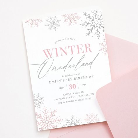 $1.98 | Winter Onederland Silver Pink Glitter 1st Birthday Invitation #1stbirthday #winteronederland #glitter #silver #pink #snowflakes #firstbirthday #elegant #girlbirthday #christmasbirthday Winter Birthday Invitations, Winter Invitations, Winter Onederland Birthday Party, Onederland Birthday Party, Winter Onederland Birthday, Winter Onederland, Winter Birthday, 1st Birthday Invitations, First Birthday Invitations