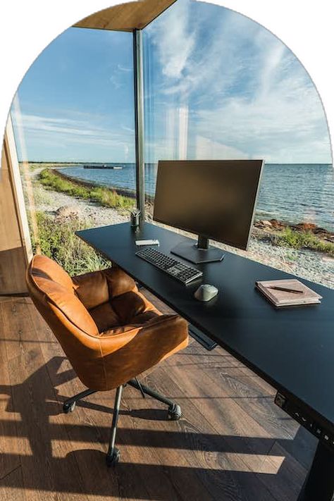 Office Room With Window, Office With Beach View, Home Office With View, Home Office Big Windows, Office Window Design, Office With View, Tiny Home Office Ideas, Office Feature Wall, Prefab Office