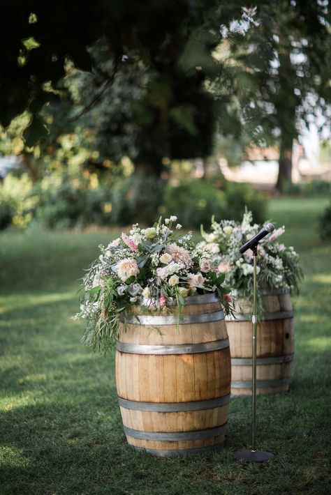 Wine Barrels with Large Flower Arrangments.  Marianne Wiest Photography @ Arbor Crest Wine Cellars Wine Barrel Wedding Flowers, Microwedding Ideas, Gorgeous Landscapes, Perth Wedding, Barrel Wedding, Flowers Wine, Cliff House, Whisky Barrel, Wedding Arbour