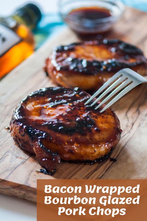 Glazed Pork Chops Recipes, Bacon Wrapped Pork Chops, Bourbon Chicken Recipe, Bourbon Recipes, Bacon Wrapped Pork, Bourbon Glaze, Glazed Pork Chops, Glazed Pork, Pork Loin Chops