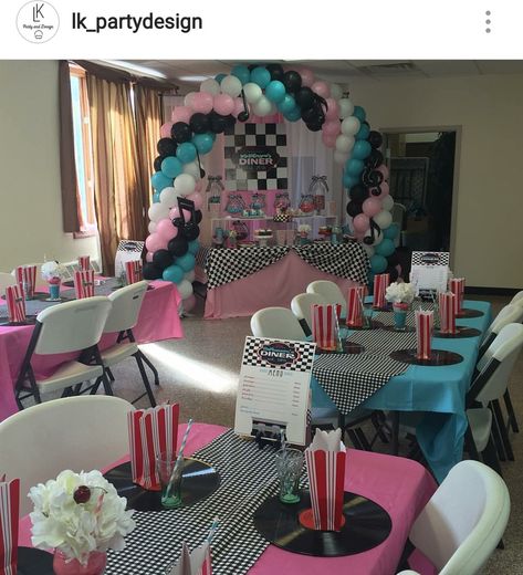 1950 Sock Hop Inspired Engagement Party 1950s Decorations, 1950s Party Ideas, 50s Party Decorations, Disco Ideas, 1950s Theme Party, Grease Themed Parties, Grease Theme, Grease Party, 50s Sock Hop