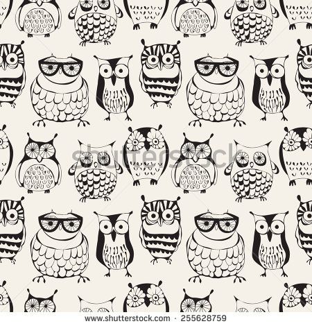 Vector seamless pattern with cute owls. Cartoon characters of creative professions. Sleepy dudes in the form of birds with an individual appearance. Hipsters monochrome print. Stylish graphic design - stock vector Cute Owl Cartoon, White Owls, Owls Wallpaper, Cute Owls Wallpaper, Cute Owls, Aj Wallpaper, Cute Vector, Owl Wallpaper, Cartoon Birds