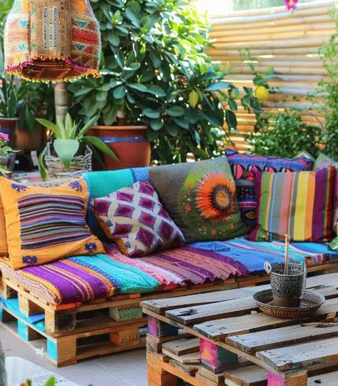 Transform Your Backyard into a Boho Paradise: 12 Enchanting Design Ideas - NEKIG :COASTALCHARM BLOG Bohemian Backyard Decor, Boho Couches, Bohemian Backyard, Mismatched Chairs, Repurposed Decor, Rustic Fire Pits, Balcony Design Ideas, Abstract Watercolor Landscape, Sunrooms