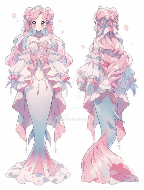 Kokomi Aesthetic Outfit, Mermaid Clothes Drawing, Kokomi Design, Drawing Fluff, Mermaid Vtuber, Kokomi Outfit, Pink Character Design, Vtuber Character Design, Mermaid Character Design