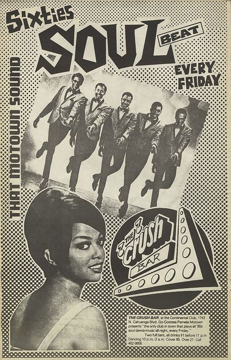 Friday nights in Hollywood, 1984  The Crush Bar/Continental Club on Cahuenga. Hostess Pamela Motown was a clothing designer.  The former Fred Harvey restaurant became the Towne Club in the late 60's, then Fake Club ("it's for real people").  Currently vacant. Motown Poster, Motown Aesthetic, Punk Posters, Mars Poster, 27 Club, The Crush, Soul Purpose, Night Bar, Jazz Bar