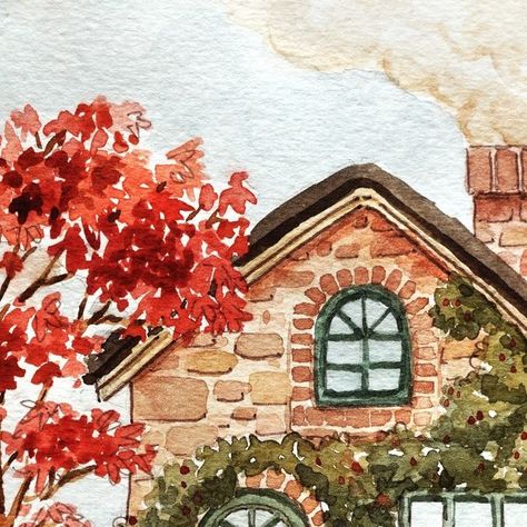 Nianiani on Instagram: "Mini Stone Cottage . Full Tutorial up on my YouTube channel: Nianiani Downloadable outline is available for purchase in my ko-fi shop, you can find the link in the description box of my yt video Enjoy! . . . #watercolor #watercolour #watercolorpainting #watercolorart #watercolortribe #worldofartists #instaart #watercolor_daily #watercolortutorial #worldwatercolorgroup #worldofart #watercolor_art #watercolor_art #watercolor_gallery #watercolordoodle #cottagecore" Watercolour Cottage Painting, House Watercolor Illustration, Home Watercolor Painting, Watercolor Stone House, Watercolor Cobblestone, Watercolor Illustration Art, Nianiani Watercolor, Watercolor House Painting Tutorial, Watercolor Buildings Easy