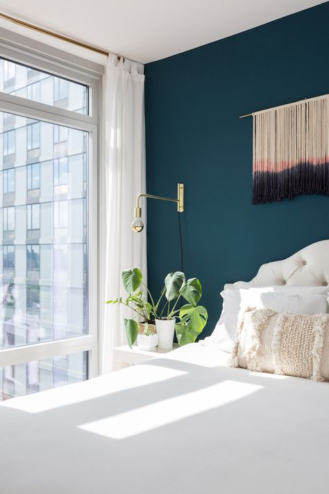 Step Inside Katie Klencheski’s Insanely Cool Brooklyn Apartment #theeverygirl Teal Bedroom Walls, Teal Accent Walls, Small Bedroom Decor Ideas, Teal Bedroom, Brooklyn Apartment, Bedroom Wall Colors, Small Bedroom Decor, Bedroom Color Schemes, Market Street