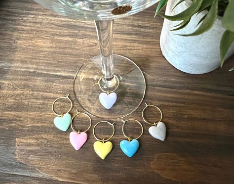 Wine Glass Charms, Heart Wine Glass Charms, Polymer Clay Wine Charms, Handmade Personalized Wine Glass Charms, Gold/Silver Stainless Steel by HedgieMommas on Etsy Polymer Clay Wine Charms, Clay Wine Charms, Clay Hearts, Wine Glass Markers, Clay Inspo, Personalized Wine Glass, Glass Charms, Wine Glass Charms, Silver Colour