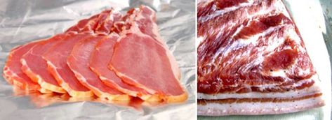 back bacon vs American bacon- a guide to making proper british bacon British Bacon, Bacon Ice Cream, Cured Meat Recipes, Homemade Ingredients, Breakfast Bacon, Diy Foods, Sausage Making, Uk Recipes, Pork Bacon