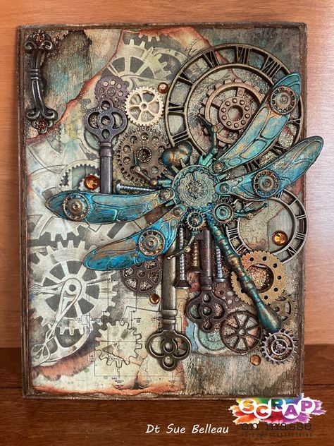 Steampunk Canvas Art Diy, Canvas Mixed Media Art, Mixes Media Art, Multimedia Art Mixed Media, Stamperia Mixed Media, Steampunk Invitation, Steampunk Canvas, Mixed Media Art Ideas, Mixed Media Journal Cover