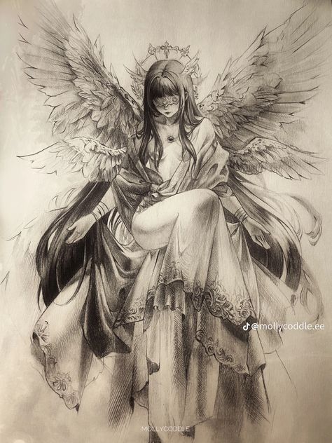 Anime Angel Reference, Women Drawings Aesthetic, Pose Reference Drawing Angel, Angels Drawing Aesthetic, Angelic Drawings Aesthetic, Really Detailed Drawings, Drawing Genshin Characters, Goddess Oc Drawing, Art Sketches Angel