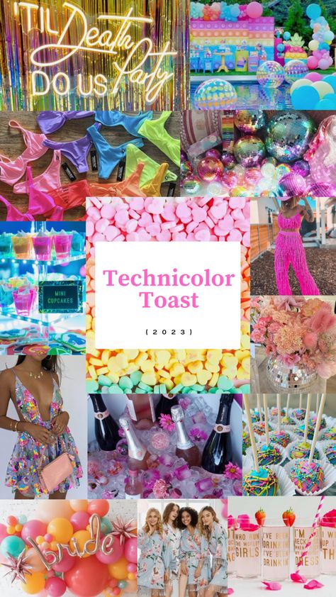 Technicolor Toast | Bachelorette Party Inspo #bachelorette #bachelorettepartyideas #bacheloretteweekend #bachelorettepartyplanner #bachelorettedecor #outfitinspo #technicolortoast Bachelorette Party Themes Colorful, Art Themed Bachelorette Party, Top Bachelorette Themes, Rave Theme Bachelorette Party, Unique Bachelorette Party Themes Fun, Bachelorette Colour Theme, Rave Themed Wedding, Artsy Bachelorette Party, Colourful Bachelorette Party