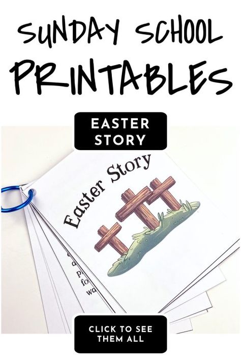 Easter story printable. Text reads "Sunday School Printables - Easter Story" Easter Story Book Printable, Easter Sunday Church Activities, Teaching The Easter Story To Preschoolers, Story Of Easter For Kids, Easter Story For Kids Printable, Easter Story For Kids Sunday School, Easter Story For Kids Sunday School Free Printables, The Easter Story For Kids, The Easter Story Printable