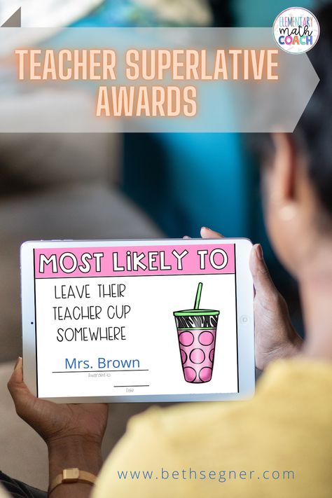 Celebrate the end of the year with your staff with teacher superlatives awards! A digital version is also included so you can edit and share directly on Google. #instructionalcoach #icoachteachers #principalsfollowprincipals #staffmoraleboost #elementarymathcoach Staff Involvement Ideas, End Of School Year Staff Party Ideas, End Of The Year Awards For Teachers And Staff, End Of Year Staff Awards, Teacher Staff Development Activities Fun, Staff Bingo Bulletin Board, Marigold Effect Teachers, Teacher Superlatives Yearbook, Fun Teacher Award Ideas