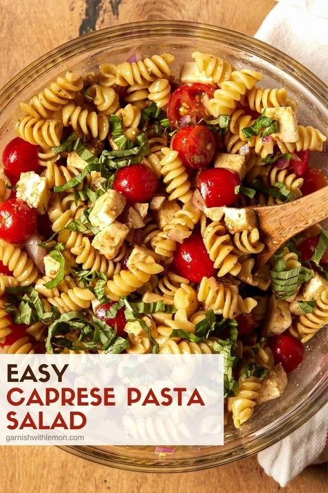 You can't go wrong when this Easy Caprese Pasta Salad recipe is on your summer BBQ menu! One bite and you will be in love! Capri Pasta Salad, Recipe For Pasta Salad, Pasta Salad Recipes Easy, Caprese Salad Pasta, Chicken Caprese Pasta Salad, Best Caprese Pasta Salad, Tomato Caprese Pasta Salad, Pasta Salad Caprese, Caprice Salad