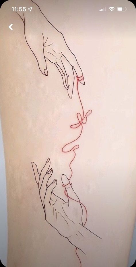 Promise Hands Drawing, Drawing Self Love, Two Hands Touching Drawing, Soulmate Tattoo Ideas, Connection Drawing, String Tattoo, Fate Tattoo, Tatuagem Masculina Pequena, Red String Of Fate