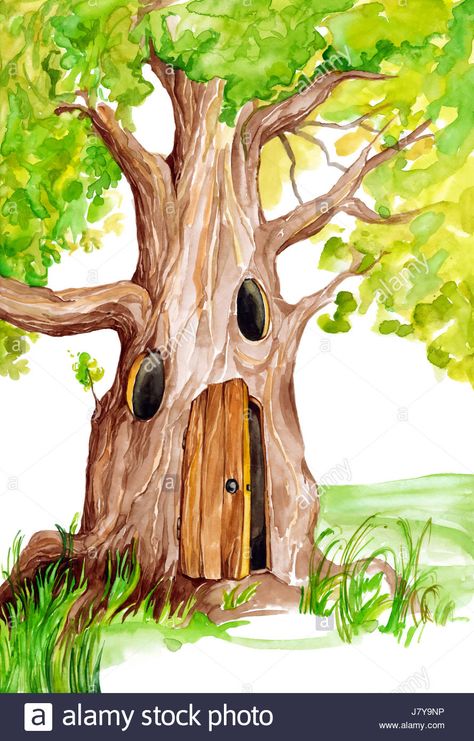 Download this stock image: tree painting illustration fairy tale fabulous magic forest house building art - J7Y9NP from Alamy's library of millions of high resolution stock photos, illustrations and vectors. Simple Wall Paintings, Fairy Tale Forest, Fairy Tree Houses, Tree Mural, Magical Tree, Fairy Tree, Forest Illustration, Fairytale Illustration, House Illustration