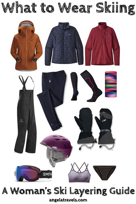 Stay warm and dry with this guide on what to wear skiing plus women's layering tips for skiing at the resort in the winter. Snowboarding Outfit Layers, Skiing Clothes For Women, Ski Layers Guide, What To Wear In Telluride, Womens Ski Outfits What To Wear, Ski Layers For Women, What To Wear Skiing Women, Snowboarding Layers, Ski Attire Women