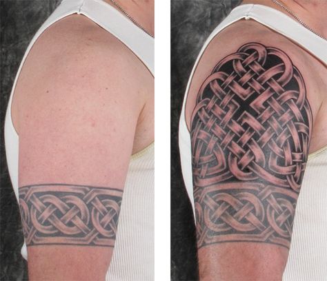 Here an arch of knotwork above the previously tattooed Celtic band completes an upper half sleeve Celtic Band Tattoo, Celtic Sleeve Tattoos, Celtic Tattoos For Men, Scottish Tattoos, Band Tattoos For Men, Unique Half Sleeve Tattoos, Celtic Knot Band, Celtic Knot Tattoo, Celtic Cross Tattoos