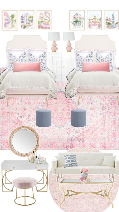 Traditional Layout Inspo Pastel, Pink Dorm Room Decor, Pastel Preppy, Sorority Room, Pink Dorm Rooms, College Dorm Room Inspiration, Preppy Dorm Room, Dorm Room Styles, College Room Decor