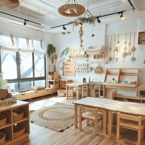 Montessori Office Decor, Small Montessori Classroom, Cute Daycare Rooms, Childcare Center Design, Organic Playroom, Montessori Daycare Setup, Nature Daycare, Boho Daycare, At Home Daycare Setup