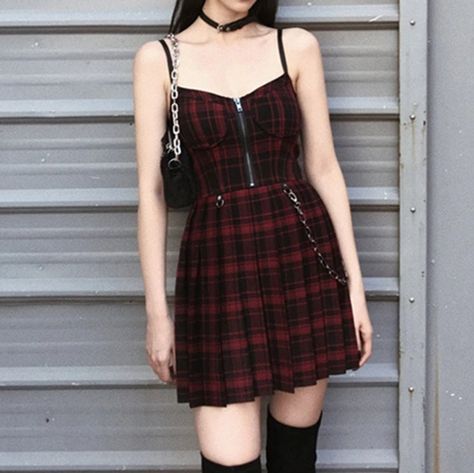 Gothic Clothes Women, Alt Dress, Mini Short Dresses, Punk Plaid, Goth Streetwear, Punk Dress, Red Plaid Dress, Emo Dresses, Black Spaghetti