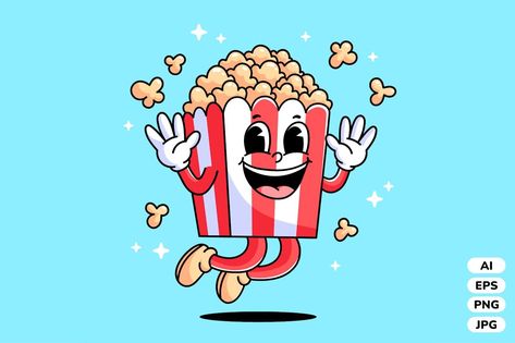 Happy Popcorn Cartoon Vector Popcorn Illustration, Cartoon Popcorn, Food Characters, Food Illustration Art, Rubber Hose, Minion Party, Food Illustration, Get Happy, Vintage Character