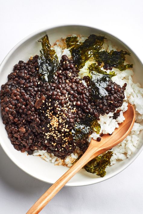 Inspired by kongjaban, a popular Korean banchan of sweet and salty black soybeans, this dish instead uses black Beluga lentils, which have a remarkable ability to hold their shape, even when fully tender. Braising them in soy sauce and garlic flavors them from the inside out, while the sugar and agave bring an enticing gloss and mild sweetness. French green lentils (like Le Puy) would also work great. Beans Mexican, French Green Lentils, Black Lentils, Beans Beans, Seaweed Snacks, 2023 Recipes, Soy Recipes, Savory Foods, Lentil Recipes