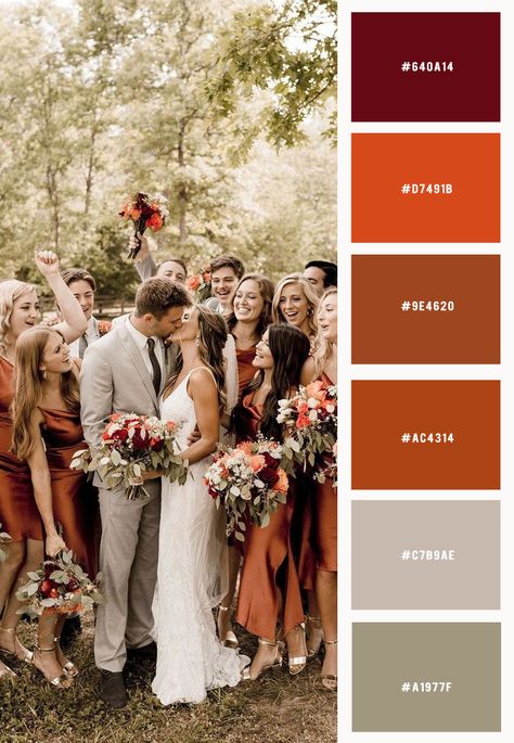 terracotta wedding, terracotta wedding color, terracotta, brown wedding, caramel wedding color Brick Wedding Color Palette, Wedding Ideas Colour Schemes, Caramel Wedding Colors, Paprika Color Wedding, Rust Red Color Palette Wedding, Terracotta Maroon Wedding, Red And Terracotta Wedding, Terracotta And Gray Wedding, Terra Cotta Wedding Party