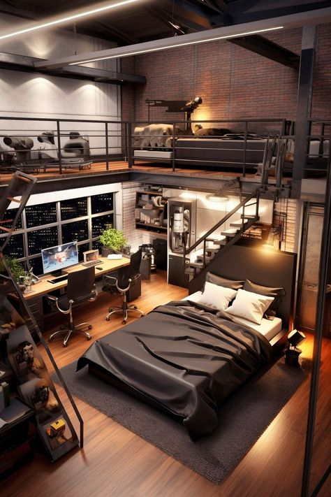 The 'Loft-style Lab' combines industrial aesthetics with advanced technology. Beneath the steel loft bed with a built-in Smart TV is a workstation boasting a state-of-the-art ergonomic gaming chair and a curved ultra-wide monitor. Industrial Loft House, New York Bedroom, Industrial Style Bedroom, Industrial Loft Design, Gaming Bedroom, Loft Style Bedroom, Loft House Design, Loft Interior Design, Loft Interior