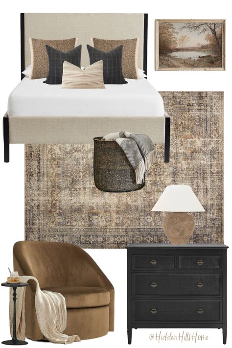 Modern vintage bedroom decor mood board inspired by Amber Interiors! Bedroom decor mood board with charcoal black and rust color tones throughout Bedroom Vintage, Amber Interiors Bedroom, Modern Vintage Bedrooms, Hm Home, Transitional Bedroom, Up House, Design Board, Master Bedrooms Decor, Remodel Bedroom