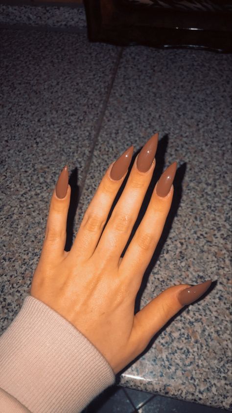 Matte Brown Acrylic Nails Almond, Solid Brown Nails Acrylic, Brown Hand Nails, Matte Brown Almond Nails, Brown Pointy Nails, Chocolate Brown Nails Acrylic Almond, Brown Powder Nails, Fall Almond Nails Ideas Brown Skin, Fall Nails Pointy