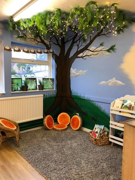 Indoor Tree Mural (Bexley Park, Enchanted Wood Preschool) Classroom Treehouse Theme, Diy Tree Nursery, Tree Mural Classroom, Playroom Tree Mural, Diy Tree On Wall, Tree Room Ideas, Classroom Tree Ideas, Tree In Classroom Ideas, How To Make A Tree For Classroom