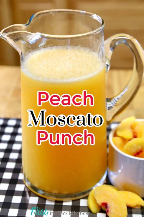 Add this Peach Moscato Punch to your party plans, holiday menus and summer cookouts for a refreshingly delicious party drink. Mixed Drinks With Moscato Wine, Peach Punch Alcoholic, Peach Mimosa Recipe, Moscato Punch Recipes, Spiked Punch Recipes, Moscato Drinks, Moscato Punch, Party Punch Alcohol, Peach Moscato