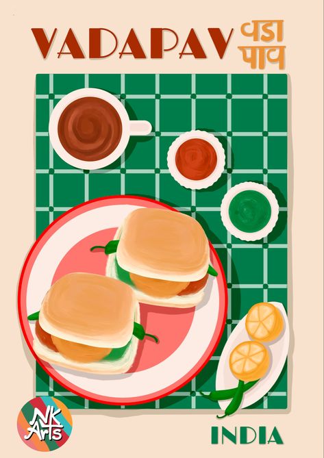 Indian Food Art Illustration, Indian Snacks Illustration, Vadapav Illustration, Old Bombay Aesthetic, Vada Pav Illustration, Bombay Illustration, Indian Food Illustration, Indian Food Poster, Food Illustration Poster