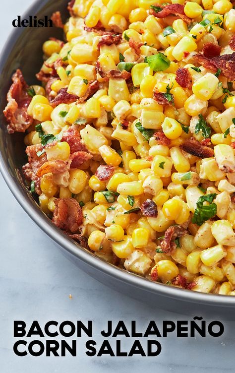 This easy corn salad is the perfect side for a potluck or barbecue. Get the recipe from Delish.com. #bacon #jalapeno #corn #salad #recipe #easy #sides #bbq Bacon Jalapeño Corn Salad, Bbq Corn Recipe, Veggies For Potluck, Corn Salads Recipes, Side Dish For Large Group, Bacon Corn Salad, Corn And Bacon Salad, Side Dishes Corn, Corn Salad With Bacon