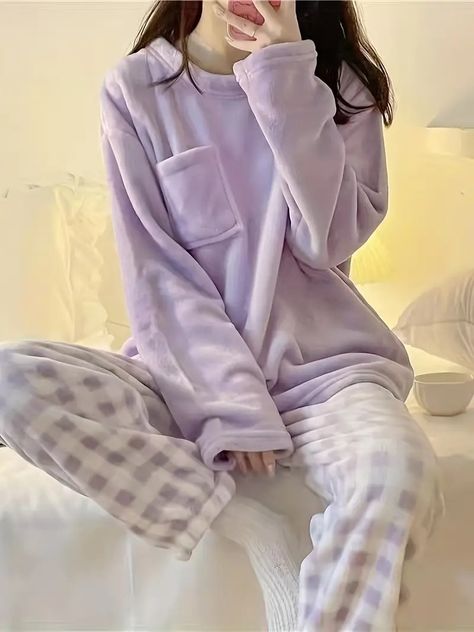 Soft Warm Pajamas Set Comfortable Long Sleeve Pajama Top - Temu Coral, Women Pyjamas, Grid Print, Flannel Women, Pajamas Set, Pajama Set, Rain Jacket, Violet, Pajamas