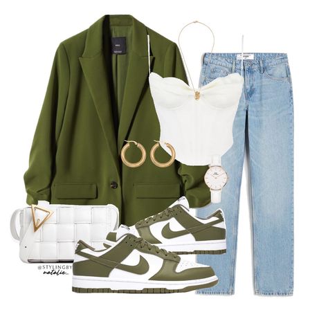 Suit With Dunks Women, Outfit Ideas Dunk Low, Nike Dunks With Blazer Outfit, Green Blazer Looks For Women, Green Birthday Outfit Women, Dunks And Blazer Outfit, Green Nike Dunks Outfit Woman, Olive Green Nike Dunks Outfit, Blazer Outfits Green