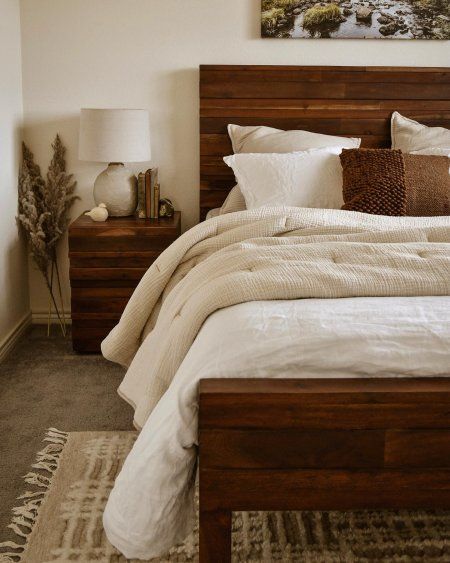 Brown Wood Bedroom, Dark Wood Bed Frame, Wood Bedroom Decor, Brown Bed Frame, Dark Wood Bedroom Furniture, Dark Wood Bedroom, Dark Wood Bed, Brown Furniture Bedroom, Walnut Bedroom