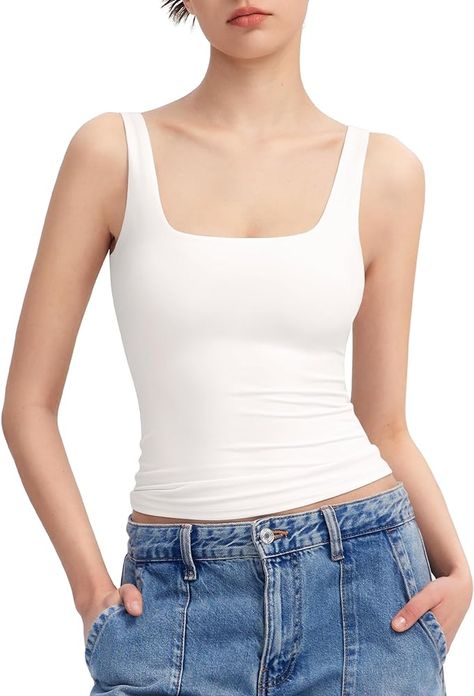 PUMIEY Tank Top for Women Sleeveless Double Lined Basic Summer Tops, Jet Black Medium at Amazon Women’s Clothing store Affordable White Summer Tank Top, Affordable White Feminine Tank Top, Cheap Trendy White Tank Top, Cheap Basic White Tank Top, Basic White Fitted Tank Top, Sleeveless Tops Summer, Tanktop Girl, Sleeveless Bodysuit, Amazon Women