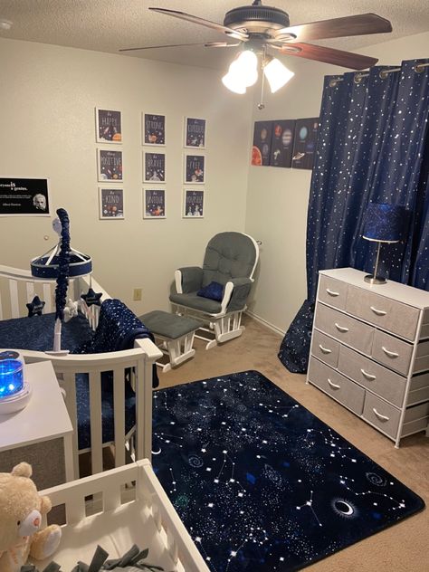 Night Sky Nursery Boy, Starry Sky Nursery Theme, Nursery Ideas Space Theme, Galaxy Theme Nursery, Galaxy Nursery Theme, Baby Boy Space Theme Nursery, Space Nursery Theme Boys, Galaxy Baby Nursery, Unique Boy Nursery Themes