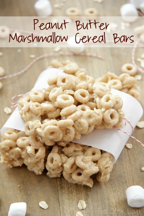 Peanut Butter Marshmallow Cereal Bars - Eat. Drink. Love. Camping Snacks For Kids, Marshmallow Cereal Bars, Peanut Butter Marshmallow Bars, Cheerios Snacks, Cheerio Treats, Peanut Butter Cereal Bars, Cheerios Recipes, Peanut Butter Cheerio Bars, Cereal Bars Recipes