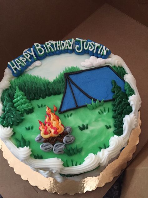 Camp theme birthday cake. Credit given to Concord Tea Cakes for creating a gorgeous themed camping cake. Camping Sheet Cake Ideas, Campfire Theme Cake, Camping Cake Decorating Ideas, Outdoors Cake For Men, Camping Cake Design, Camping Sheet Cake, One Happy Camper Sheet Cake, Camping Cake Ideas For Men, Camping Themed Birthday Cake