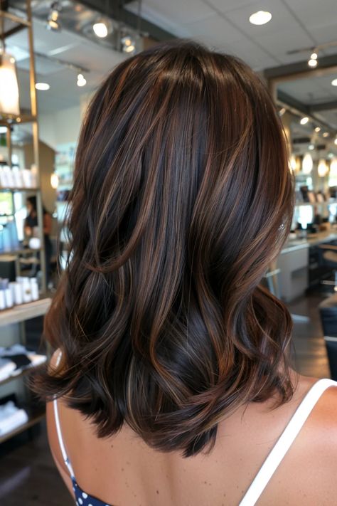 Brown Black Balayage Hair, Coloring Dark Brown Hair, Medium Brown With Dark Lowlights, Dark Hair Fall Highlights, Brown On Brown Highlights Brunettes, Fall Brunette Lowlights, Fall Brunette Red Hair Color, Dark Hair Fall Colors, Mocha Hair With Lowlights