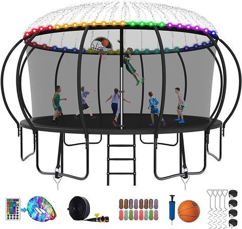 Enjoy boundless fun with our ASTM-approved trampoline designed for kids aged 7-10. This recreational trampoline comes complete with exciting features: built-in lights for evening play, a refreshing sprinkler system for hot days, and a basketball hoop for active games. Includes safety socks and a sturdy ladder for easy access. Perfect for backyard adventures, ensuring hours of safe and enjoyable bouncing for children and adults alike. Trampoline Ladder, Outdoor Trampoline, Kids Trampoline, Basketball Net, Backyard Play, Backyard Games, Friday Night Lights, Basketball Hoop, Outdoor Games