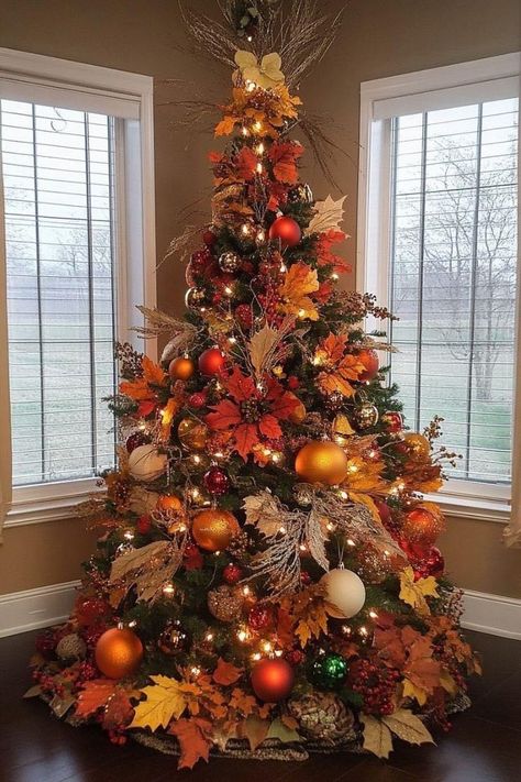 Orange Tree Decorations, Fall Color Christmas Tree, Fall Decorated Trees, Autumn Tree Decorations, Harvest Christmas Tree, Orange Christmas Tree Decorations, Fall Tree Ideas, Office Fall Decorations Ideas, Autumn Christmas Tree