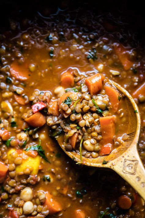 Crockpot Moroccan Lentil and Chickpea Soup | halfbakedharvest.com @hbharvest Lentil And Chickpea Soup, Lentil And Chickpea, Moroccan Lentil, Chickpea Soup, India Food, Vegan Soups, Moroccan Food, Lentil Recipes, Half Baked Harvest