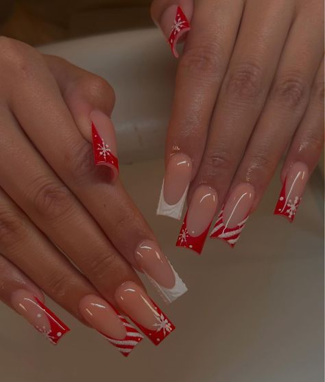 Christmas Nail Sets Red, Candy Cane Nails Almond Shape, Christmas Nail Red And White, French Red Christmas Nails, Xmas French Nails Designs, Christmas Nails With Bf Initial, Red Tip Nails With Bow, Xmas Red Nails Christmas Design, Christmas Acrylics Red