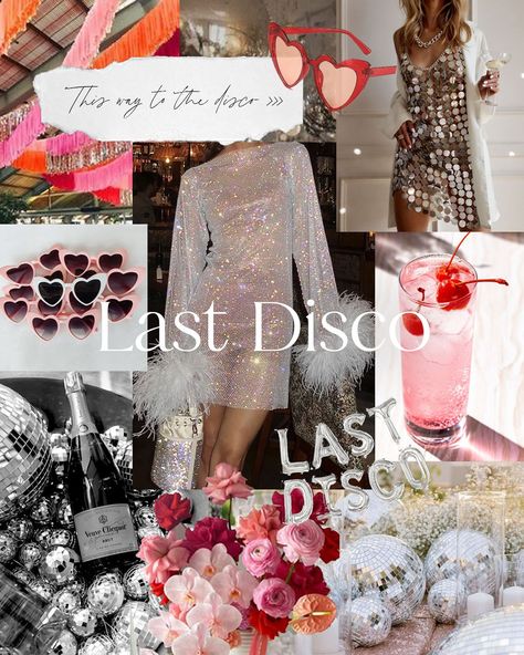 Hen Party Mood Board, Last Disco Theme Bachelorette, Hen Night Party Theme, Hens Theme Ideas, Sparkly Bachelorette Party, Disco Engagement Party, Disco Hens Party, Ibiza Hen Party, Hen Do Themes