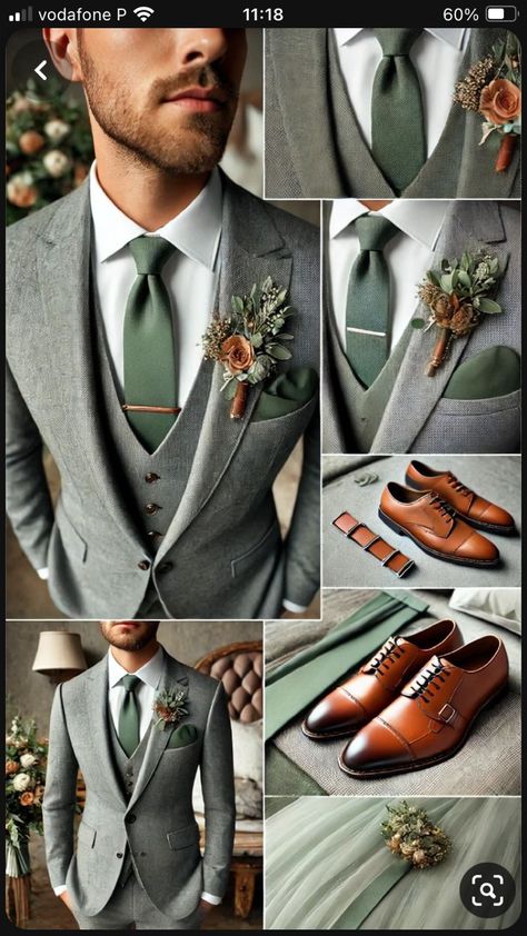 Green Groom Suit Grey Groomsmen, Wedding Suit Inspo Men, Gray And Green Groomsmen Attire, Beige Suit Green Tie Wedding, Grey Suit Olive Green Tie, Eucalyptus Wedding Groom, Groomsmen Forest Green, Sage Green And Champagne Wedding Groomsmen, Dark Grey Suit Green Tie Wedding